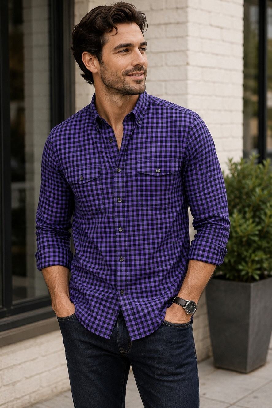 Express Fitted XL Purple Black Gingham Plaid Button Front Shirt Cotton
